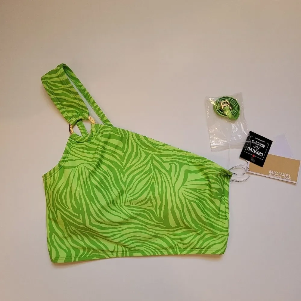 MICHAEL Michael Kors Zebra Print  One-Shoulder Bikini Top Color Green Size XS
